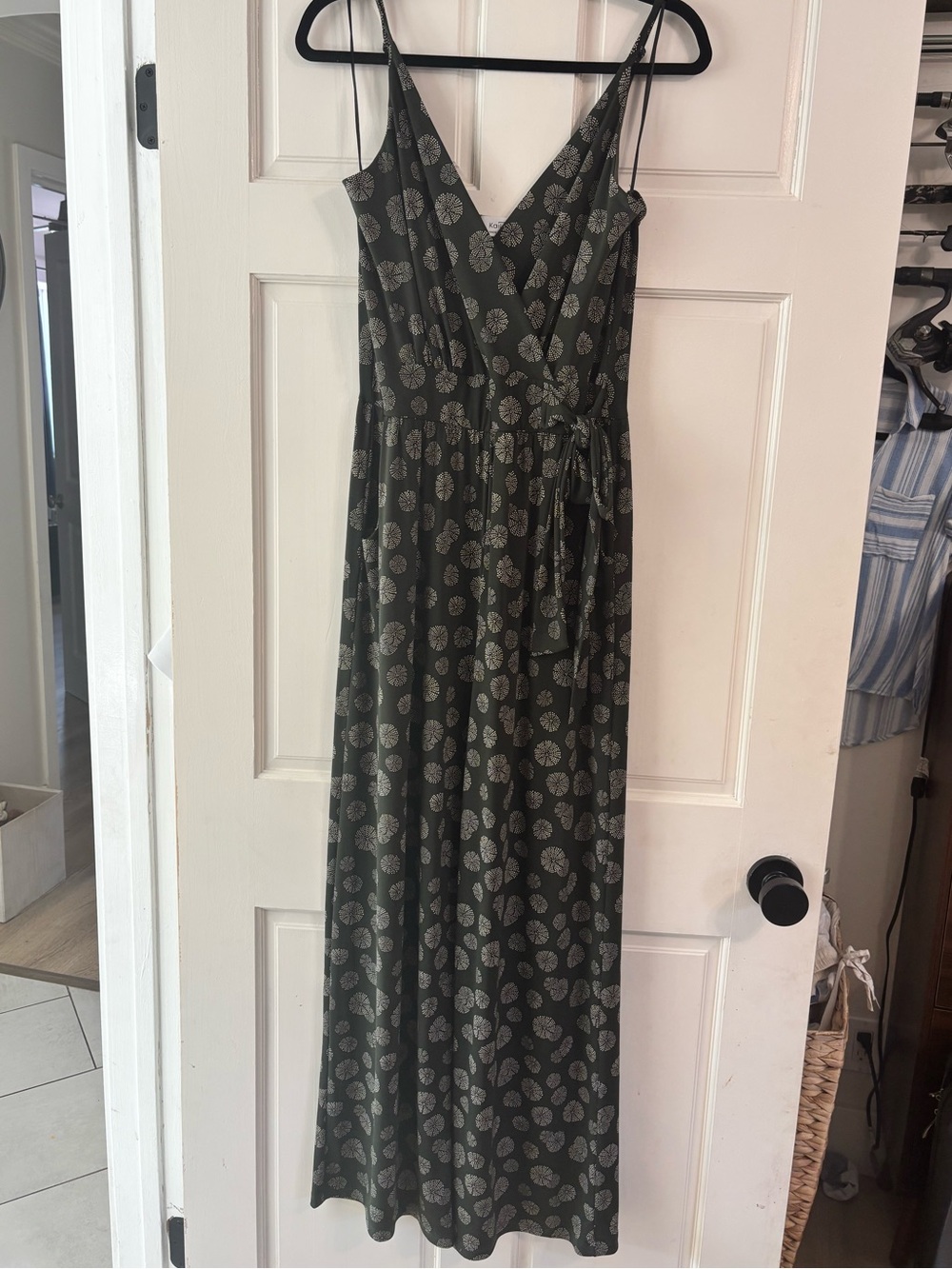 V-neck jumpsuit/romper in Olive with Leaf Print